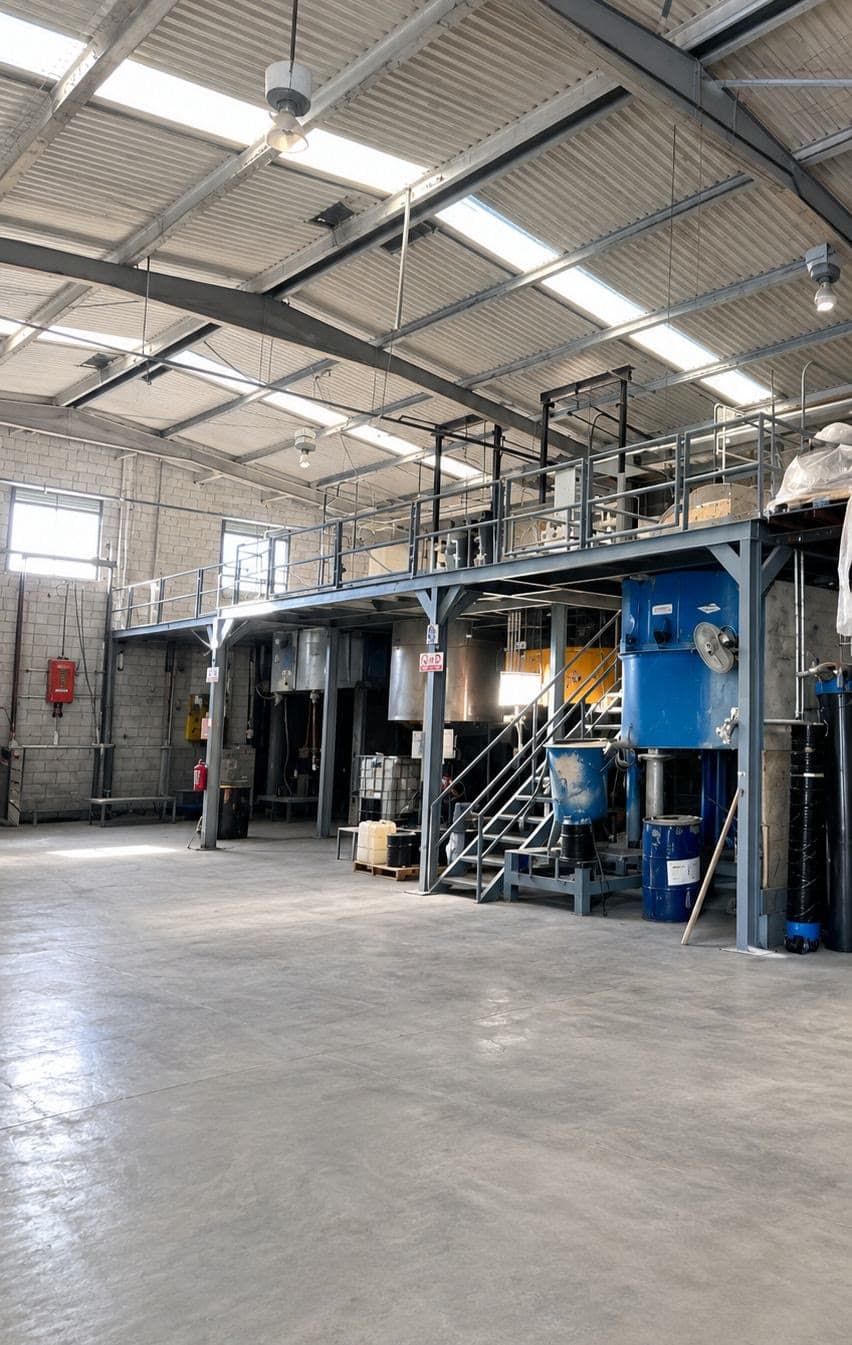 Área de producción con tanques y plataforma de mezclado en la planta Selectone